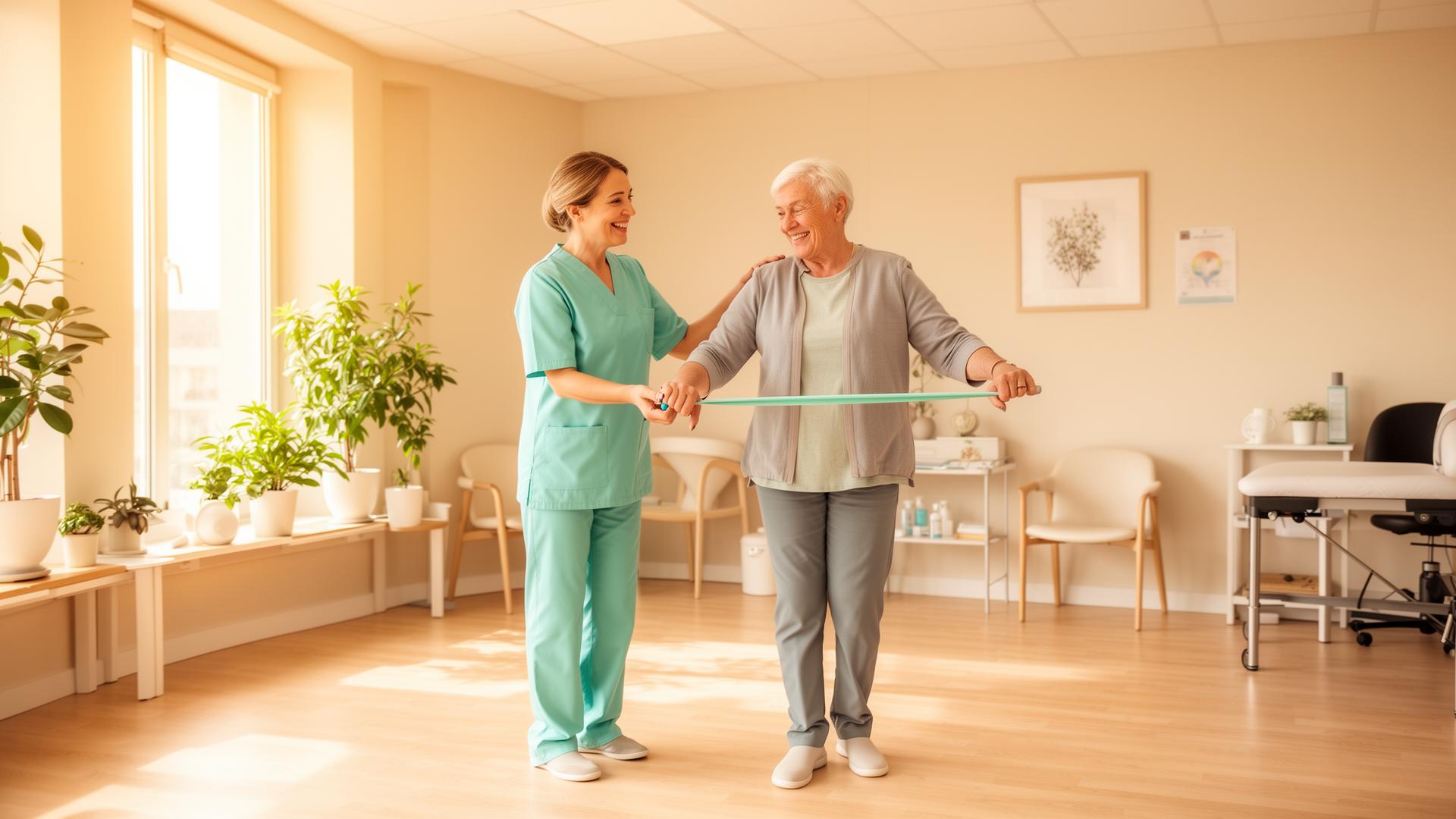Physiotherapist guiding a senior patient through a balance exercise at Motiva